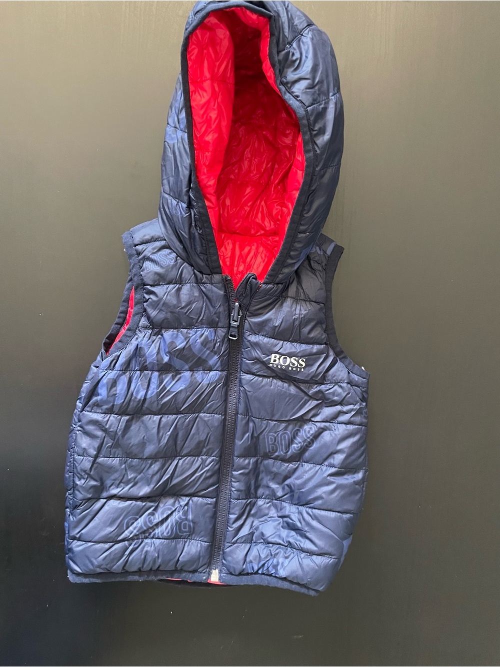 BOSS Kids Navy Puffer Hooded Vest with Red Lining